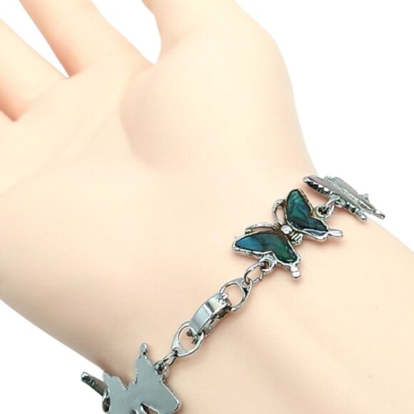 Vintage Abalone Butterfly Inlay Motif Silver-tone Delicate Link Bracelet - Picture 6 of 16